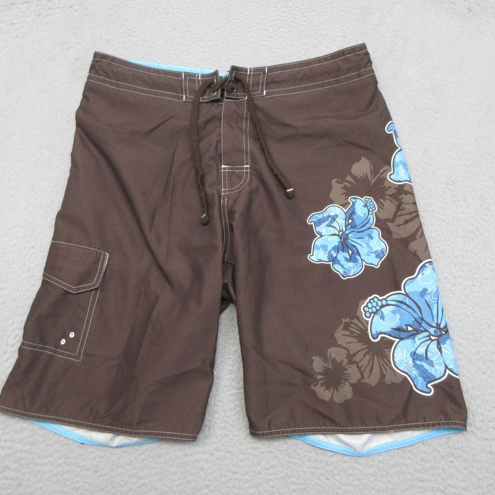 Red Camel Hawaiian Board Shorts Men L Brown Blue Floral Swim Trunks Lined Surf